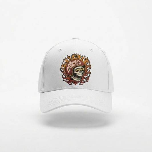 Harley Davidson Flaming Skull Helmet Graphic Baseball Cap - Biker Cap (Black & White)