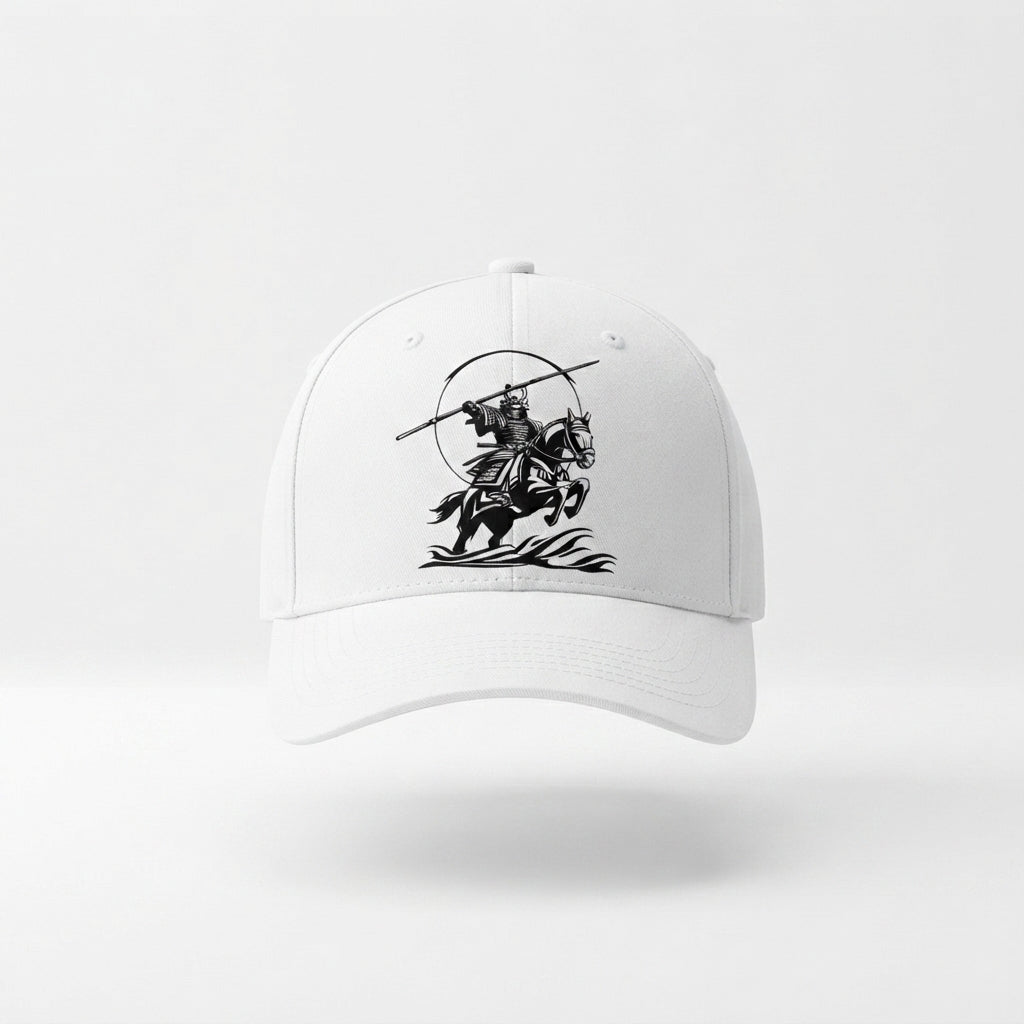 Japanese Samurai Horseback Warrior Graphic Baseball Cap - Martial Arts Culture Cap (White)