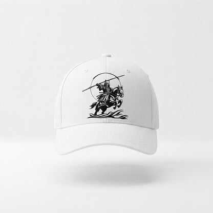 Japanese Samurai Horseback Warrior Graphic Baseball Cap - Martial Arts Culture Cap (White)