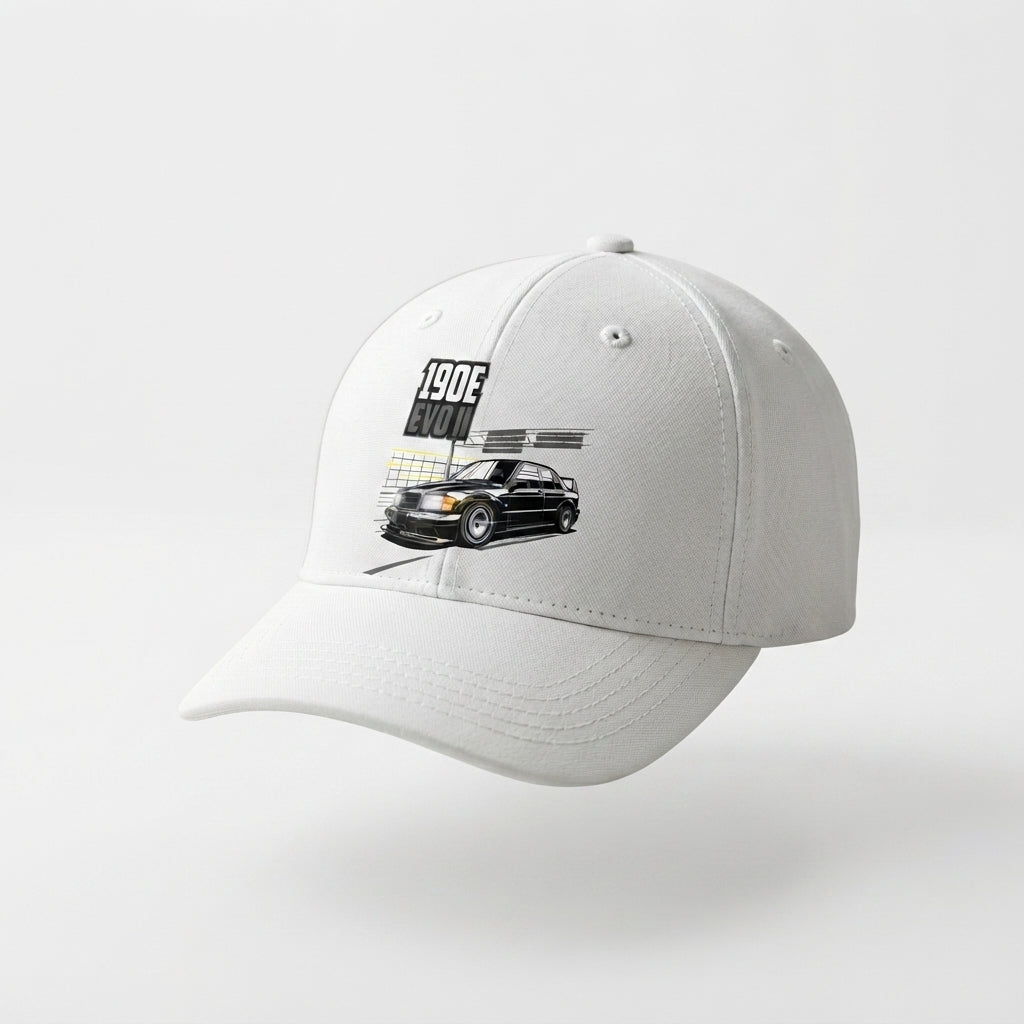 190E EVO II Classic German Sports Car Graphic Baseball Cap - Automotive Tuner Cap (White)