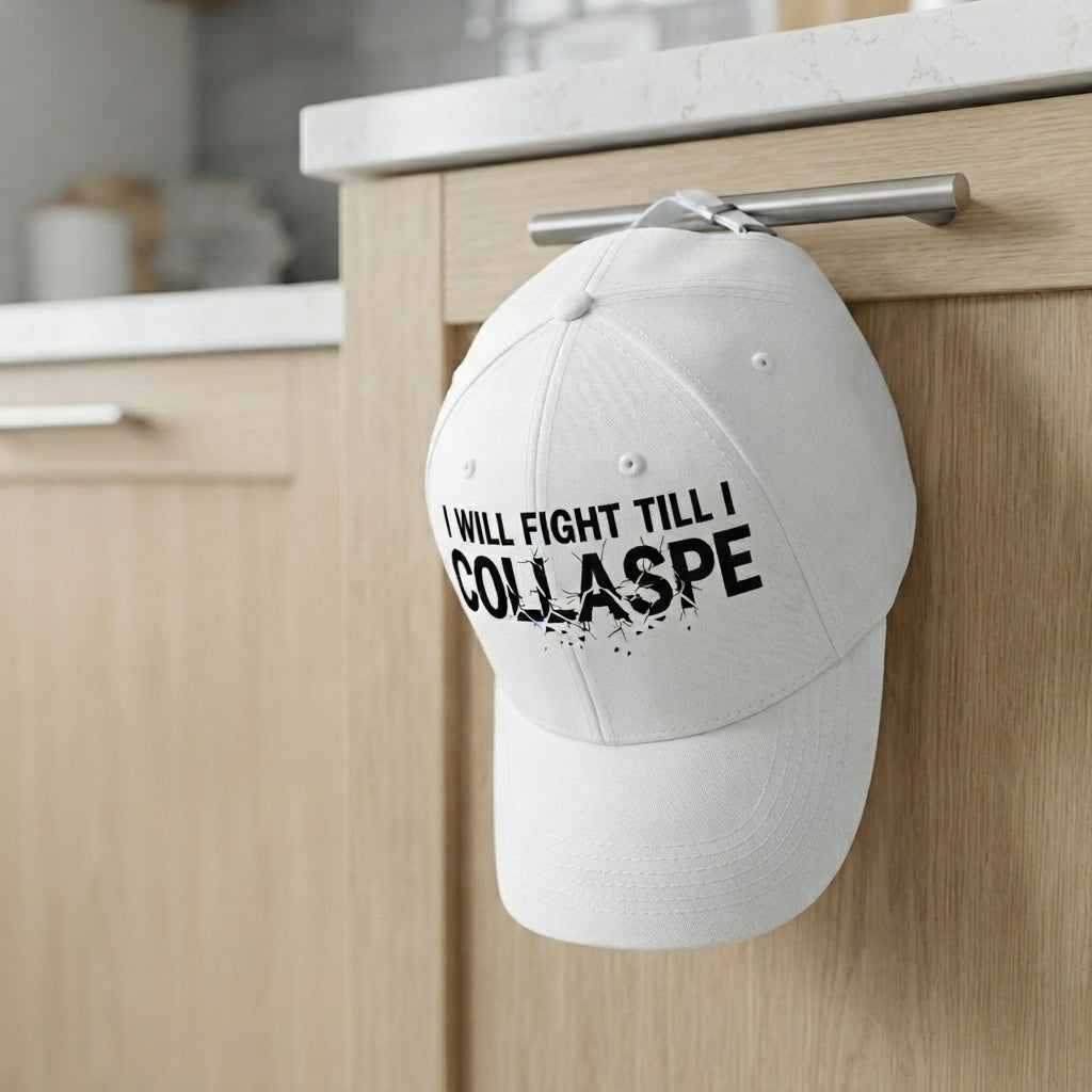 I Will Fight Till I Collapse Graphic Baseball Cap - Motivational Gym Cap (White)
