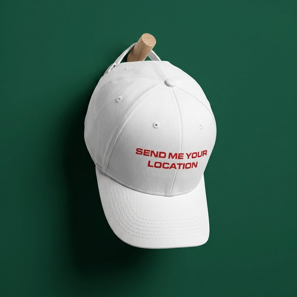 Send Me Your Location Funny Quote Baseball Cap - Viral Meme Graphic Cap (White & Black)