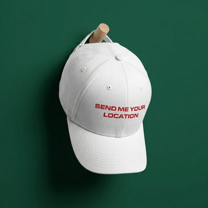 Send Me Your Location Funny Quote Baseball Cap - Viral Meme Graphic Cap (White & Black)