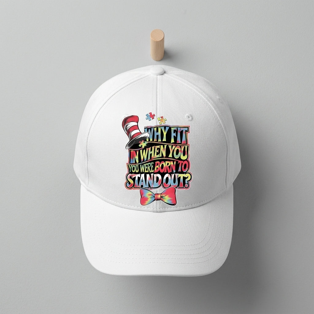 Autism Awareness Why Fit In Born To Stand Out Graphic Baseball Cap (White & Black)