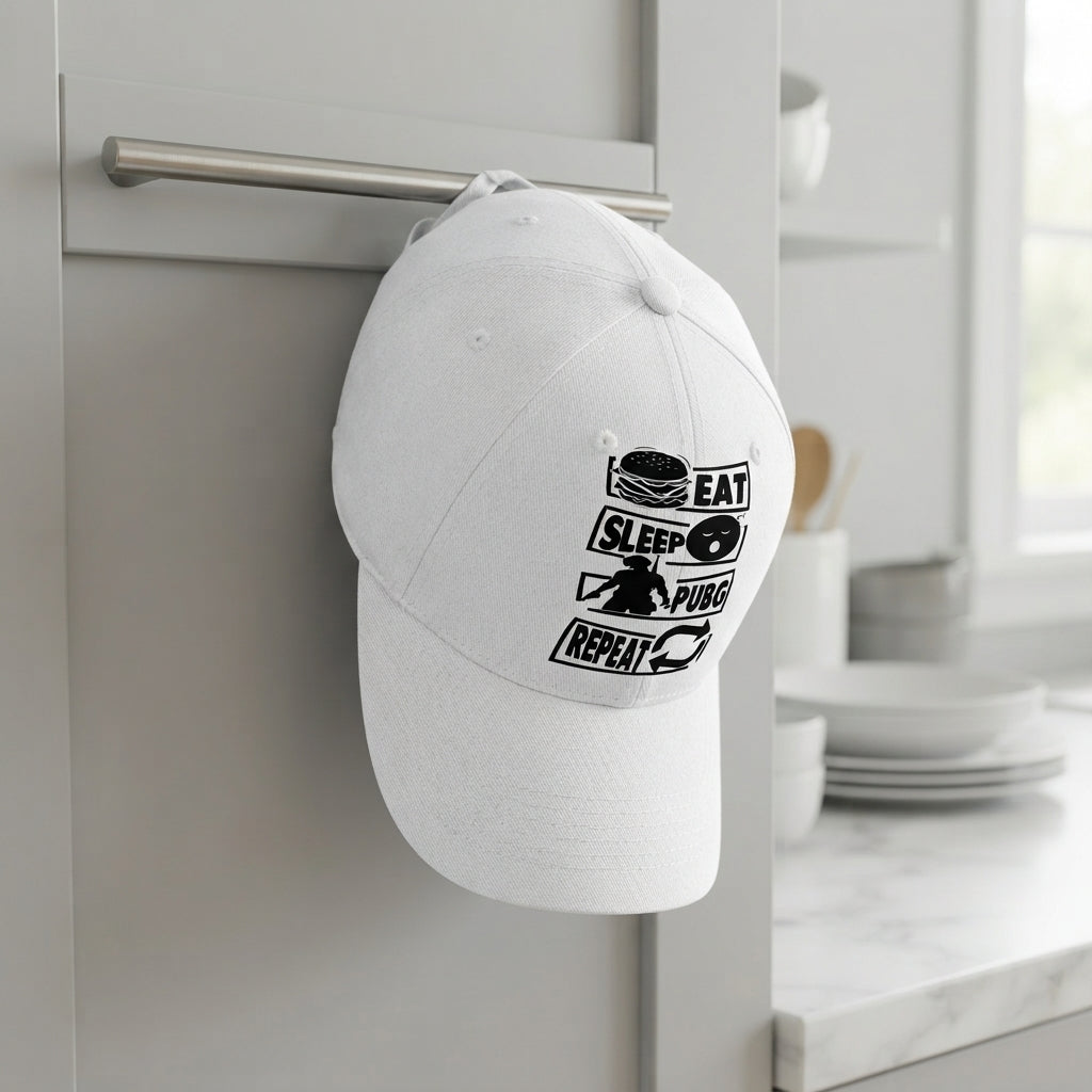 Eat Sleep PUBG Repeat Gaming Graphic Baseball Cap - Gamer Quote Cap (White)