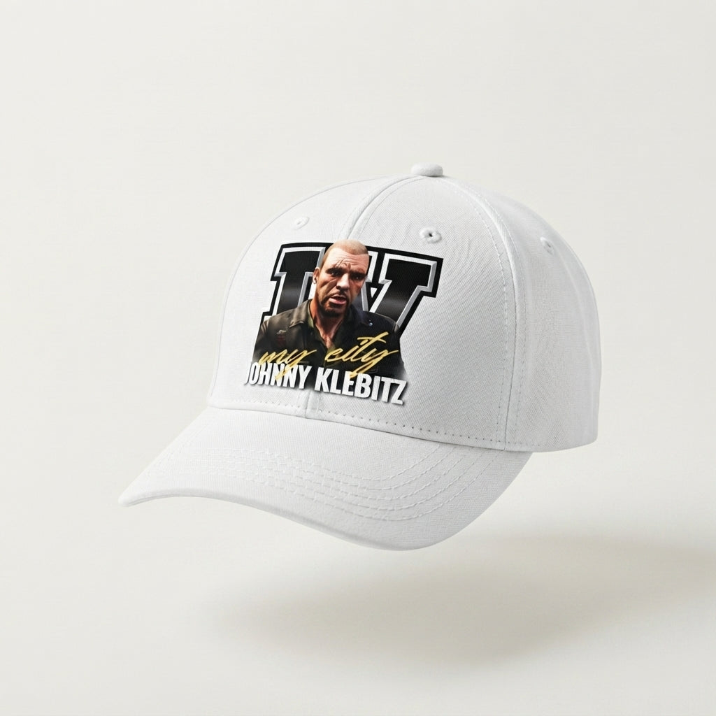 GTA Johnny Klebitz Graphic Baseball Cap - Grand Theft Auto IV Gaming Cap (White)