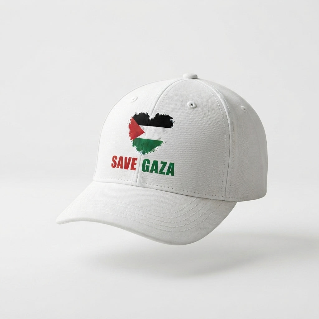 Save Gaza Palestine Flag Heart Graphic Baseball Cap - Palestinian Solidarity Cap (White)