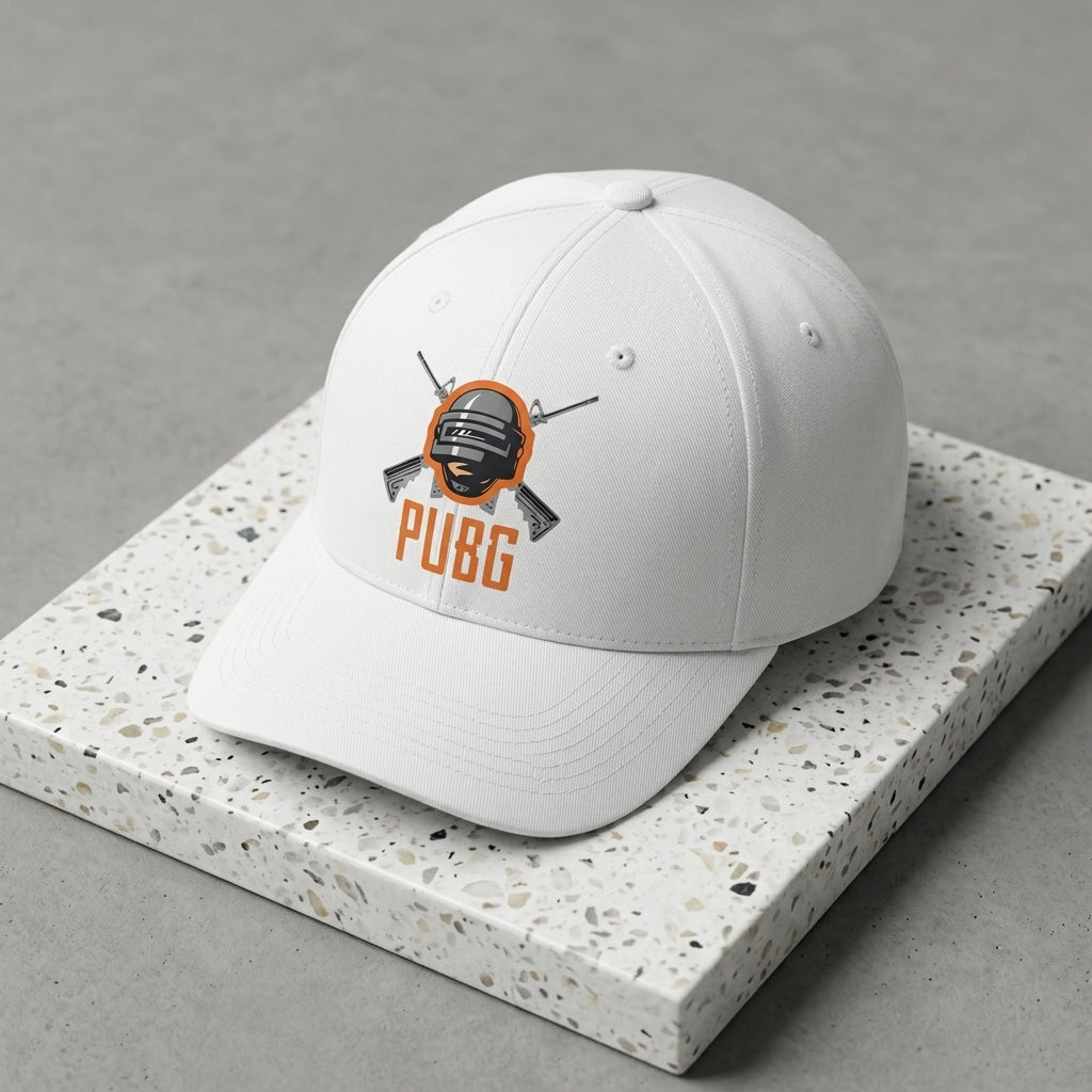 PUBG Level 3 Helmet & Rifles Graphic Baseball Cap - Battle Royale Gaming Cap (White & Black)