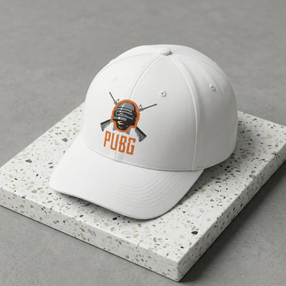 PUBG Level 3 Helmet & Rifles Graphic Baseball Cap - Battle Royale Gaming Cap (White & Black)