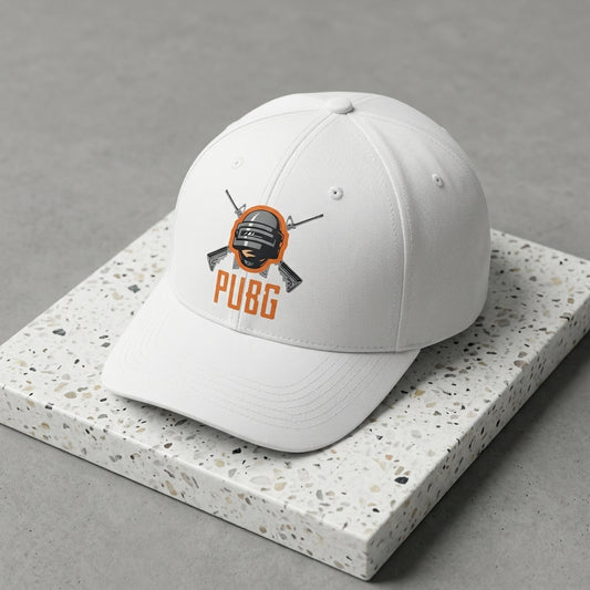 PUBG Level 3 Helmet & Rifles Graphic Baseball Cap - Battle Royale Gaming Cap (White & Black)