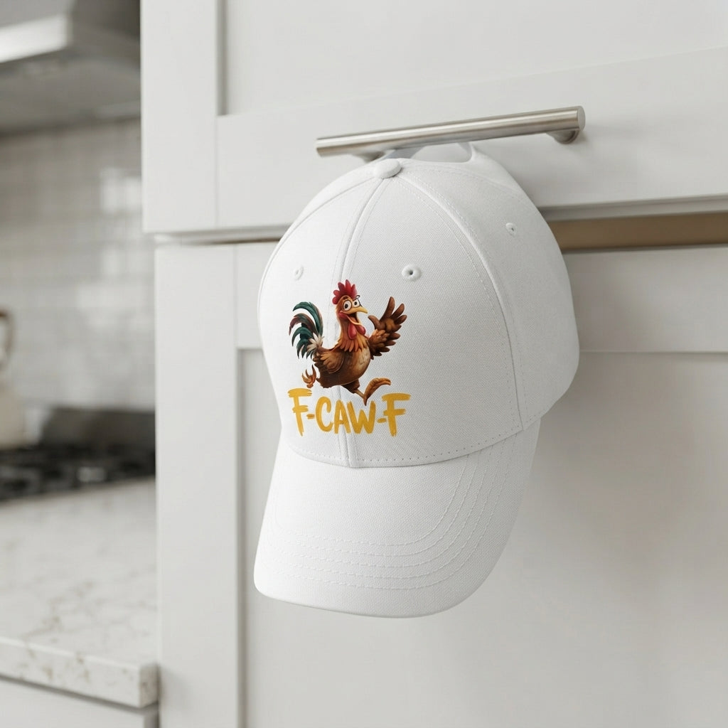 F-CAW-F Rooster Graphic Baseball Cap - Funny Animal Sound Meme Cap (Black & White)