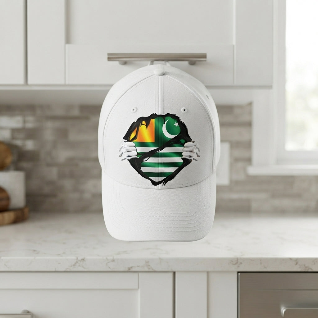Kashmir Flag Ripped Chest Graphic Baseball Cap - Azad Kashmir Emblem Cap (White)