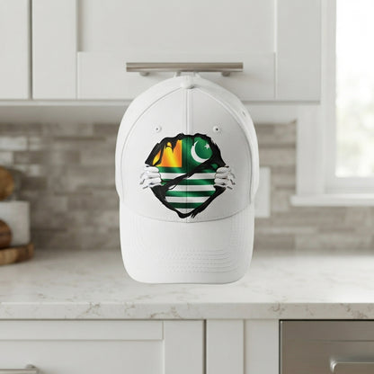 Kashmir Flag Ripped Chest Graphic Baseball Cap - Azad Kashmir Emblem Cap (White)