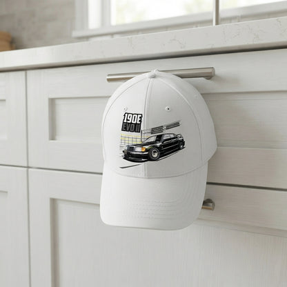 190E EVO II Classic German Sports Car Graphic Baseball Cap - Automotive Tuner Cap (White)