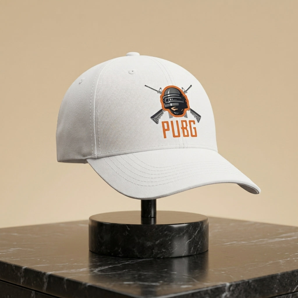 PUBG Level 3 Helmet & Rifles Graphic Baseball Cap - Battle Royale Gaming Cap (White & Black)