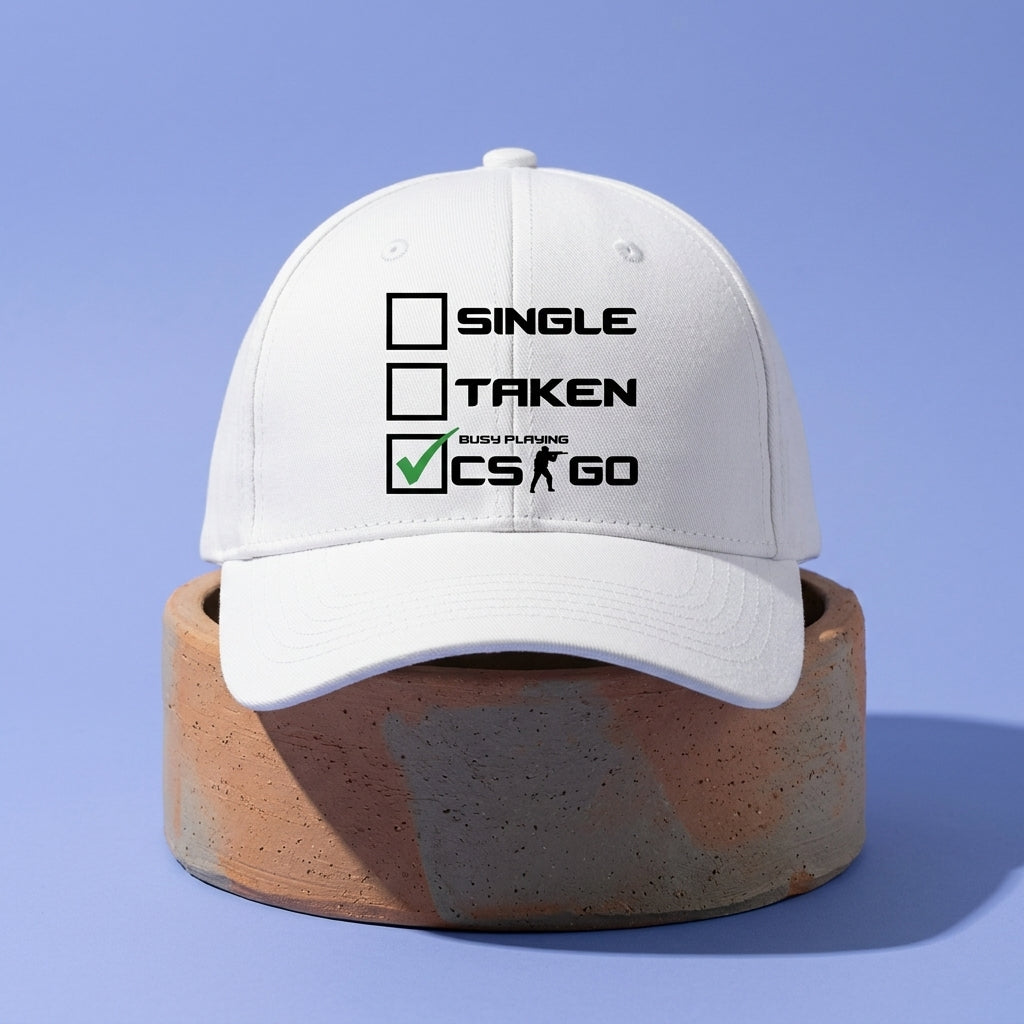 Single Taken Busy Playing CS:GO Funny Gaming Baseball Cap - Gamer Graphic Cap (White)