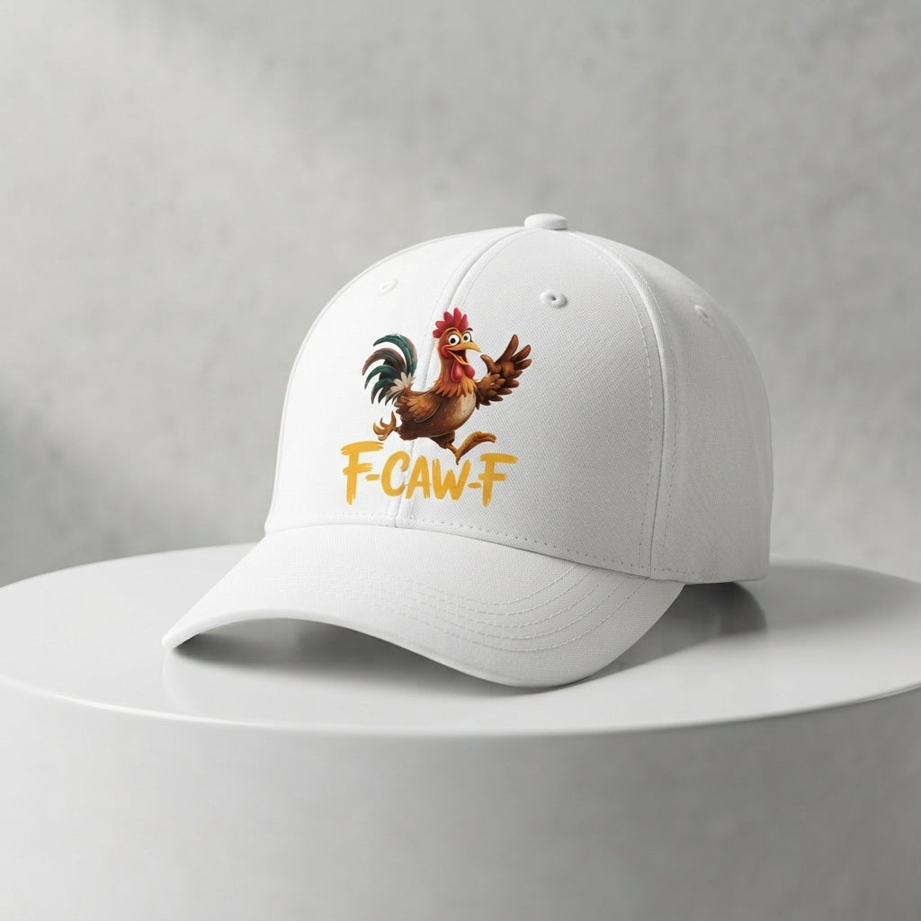 F-CAW-F Rooster Graphic Baseball Cap - Funny Animal Sound Meme Cap (Black & White)