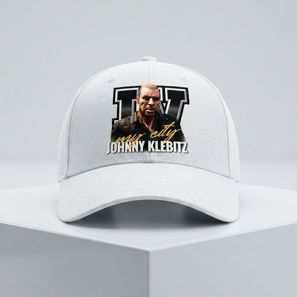 GTA Johnny Klebitz Graphic Baseball Cap - Grand Theft Auto IV Gaming Cap (White)