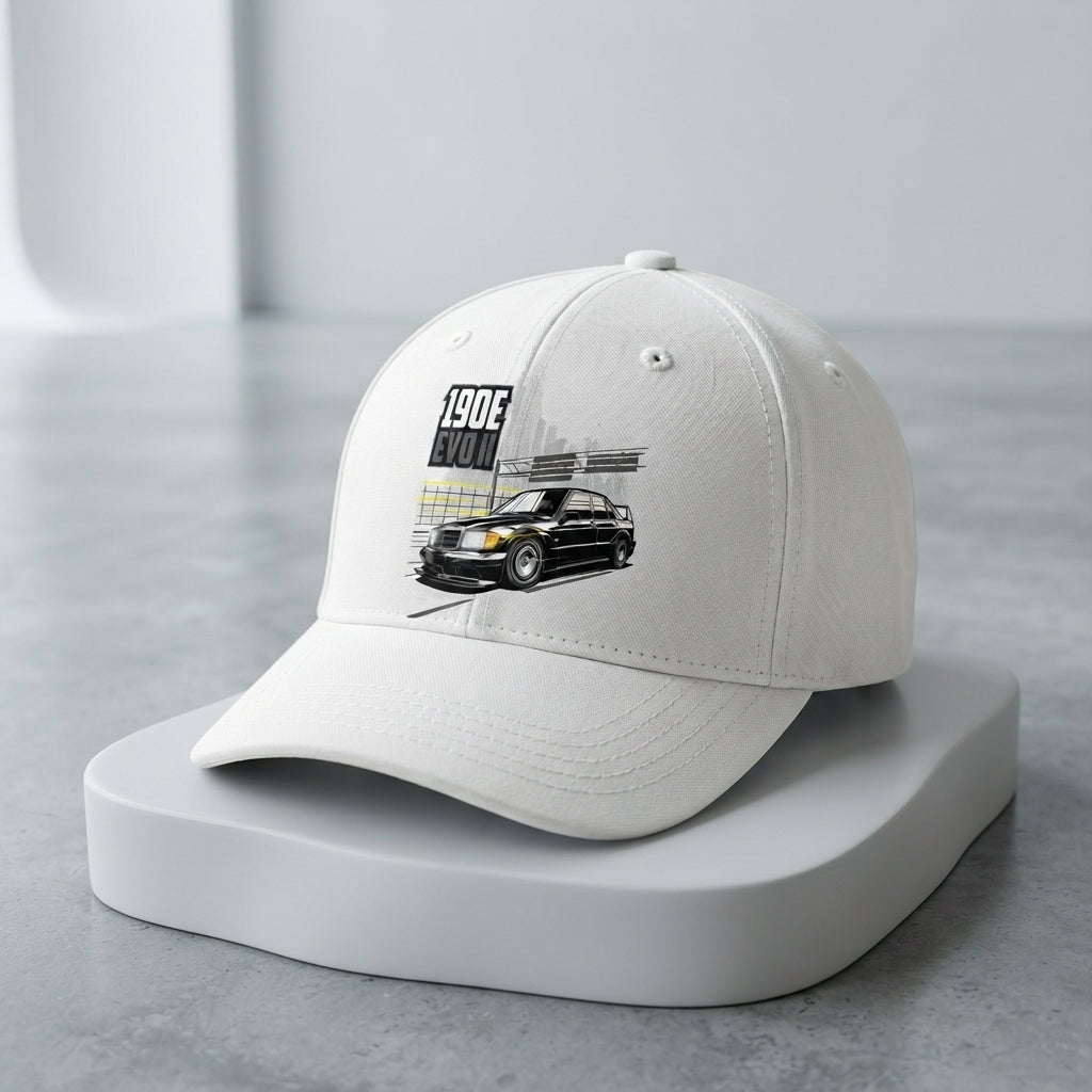 190E EVO II Classic German Sports Car Graphic Baseball Cap - Automotive Tuner Cap (White)