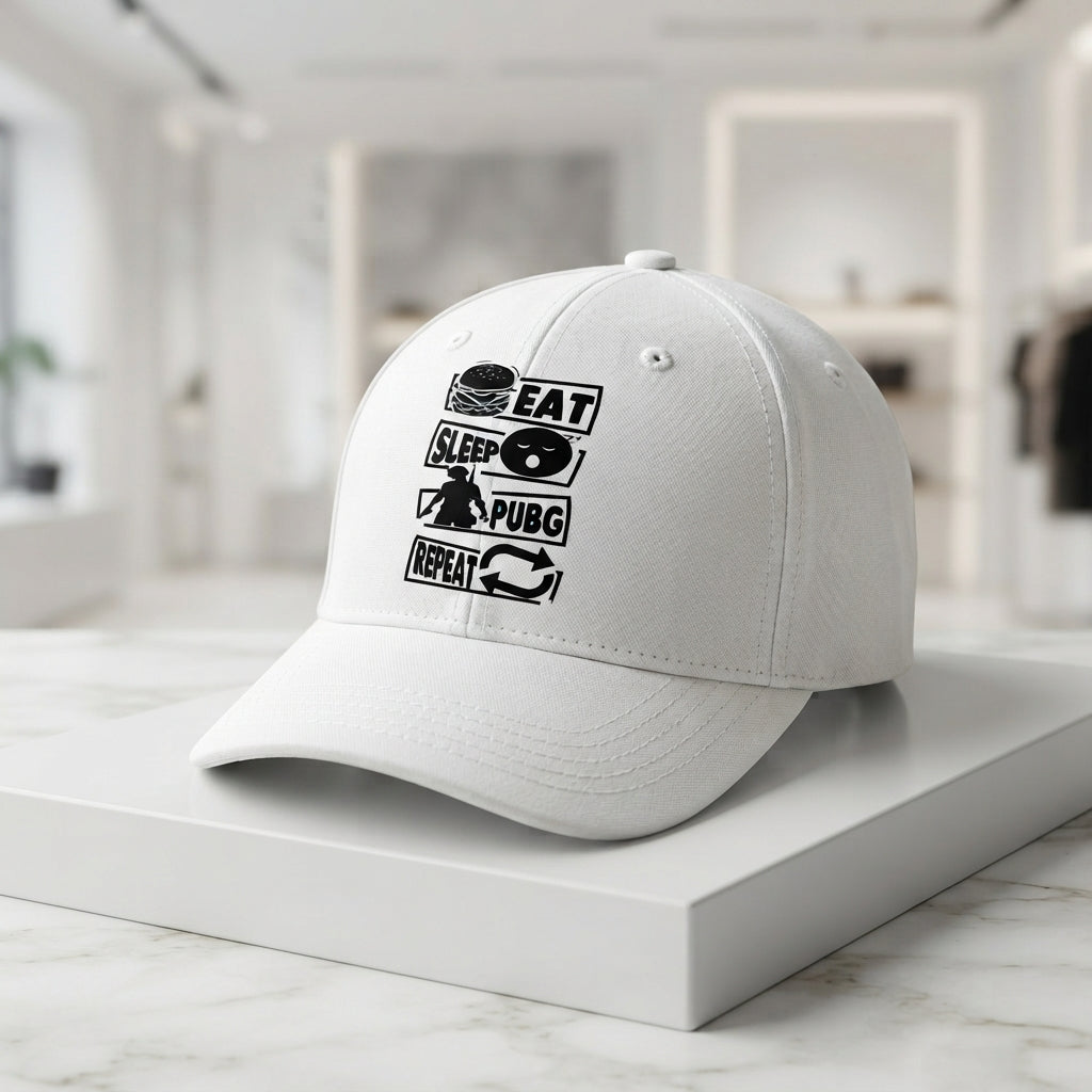 Eat Sleep PUBG Repeat Gaming Graphic Baseball Cap - Gamer Quote Cap (White)