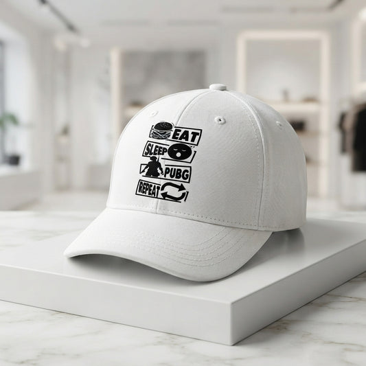Eat Sleep PUBG Repeat Gaming Graphic Baseball Cap - Gamer Quote Cap (White)