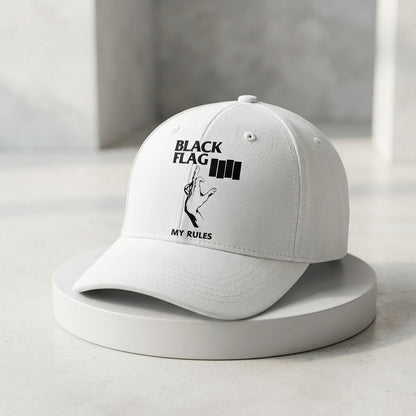 Black Flag My Rules Four Bars Graphic Baseball Cap - Hardcore Punk Rock Band Cap (White)
