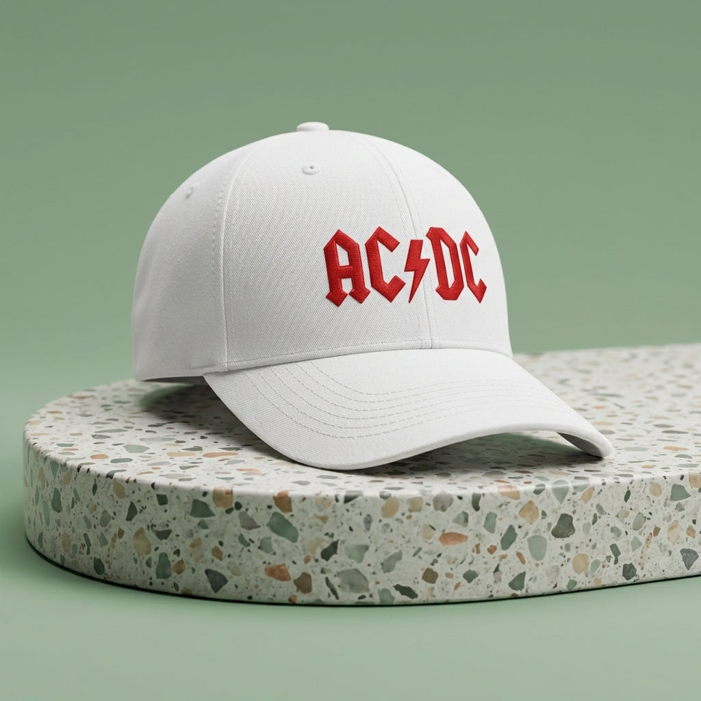 AC/DC Classic Red Logo Graphic Baseball Cap - Heavy Metal Rock Band Cap (Black & White)