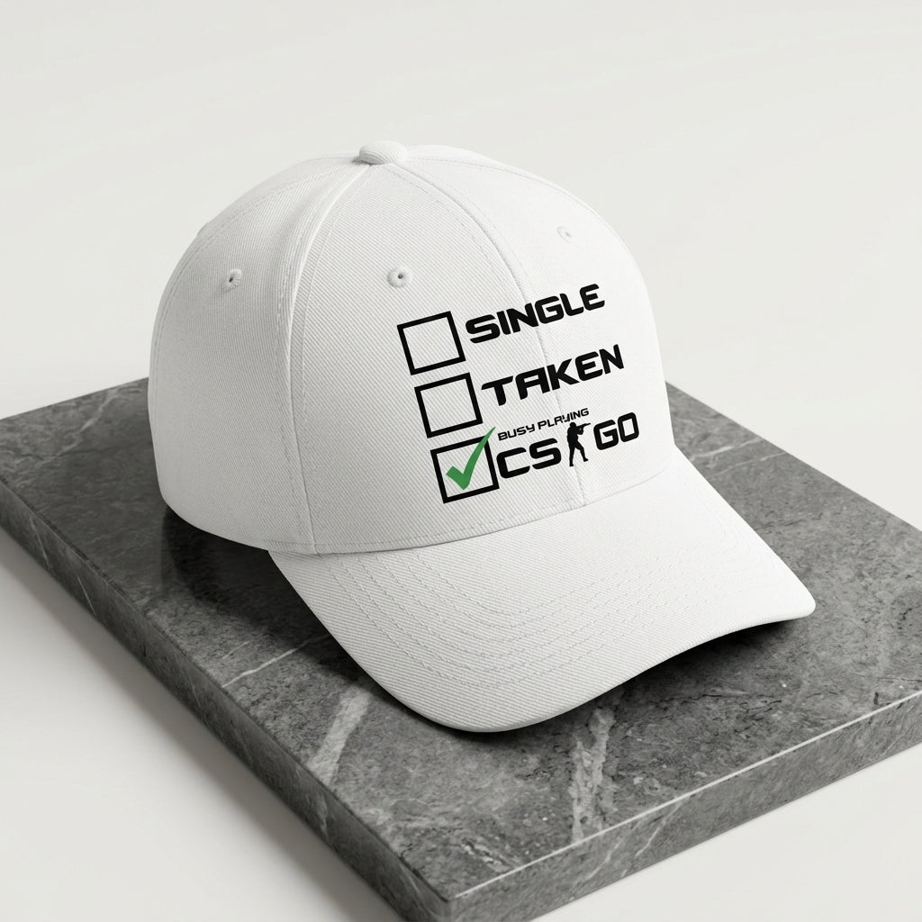 Single Taken Busy Playing CS:GO Funny Gaming Baseball Cap - Gamer Graphic Cap (White)