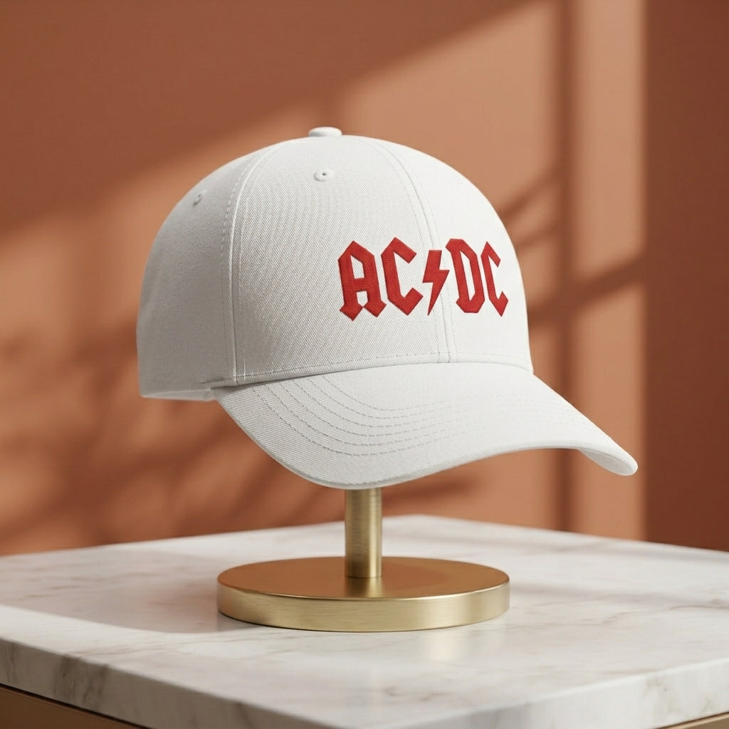 AC/DC Classic Red Logo Graphic Baseball Cap - Heavy Metal Rock Band Cap (Black & White)