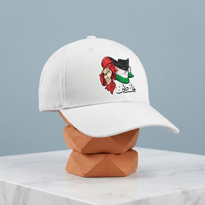 Palestine Flag & Fist Graphic Baseball Cap - Arabic Calligraphy Cap (White)