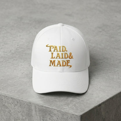 WWE Evolution & "Paid Laid Made" Gold Graphic Baseball Cap (White & Black)