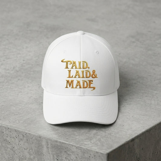 WWE Evolution & "Paid Laid Made" Gold Graphic Baseball Cap (White & Black)