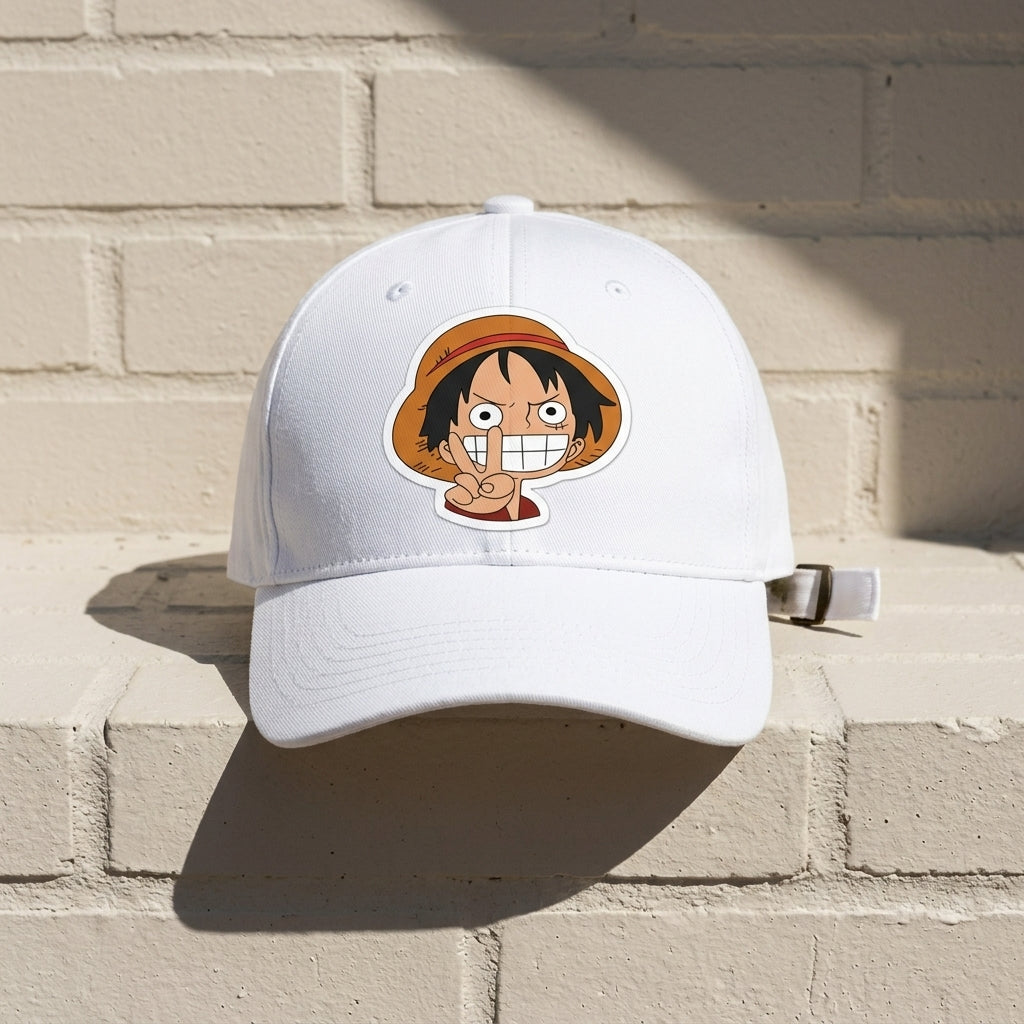 One Piece Luffy Smiling Peace Sign Graphic Baseball Cap - Cute Anime Chibi Cap (White & Black)