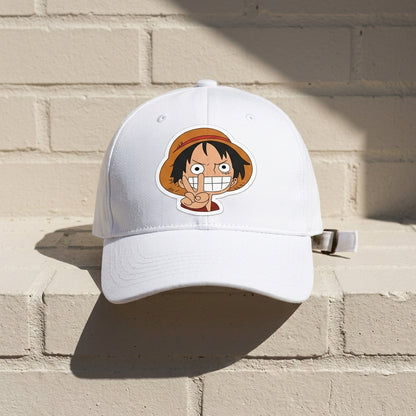 One Piece Luffy Smiling Peace Sign Graphic Baseball Cap - Cute Anime Chibi Cap (White & Black)