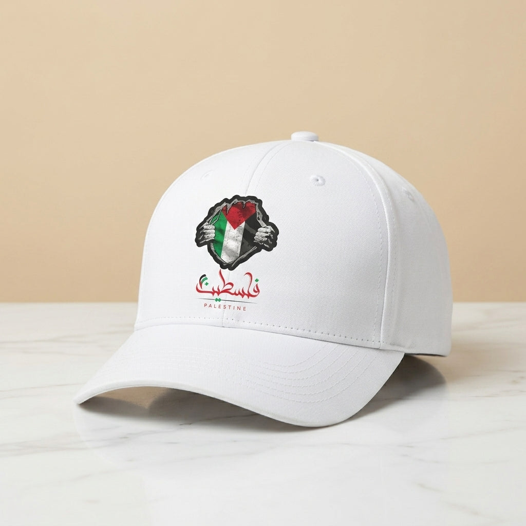 Palestine Flag & Fist Graphic Baseball Cap - Arabic Calligraphy Cap (White)