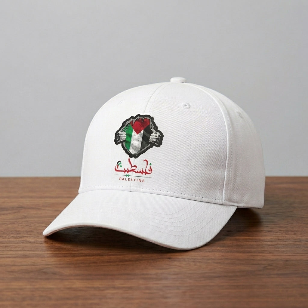Palestine Flag & Fist Graphic Baseball Cap - Arabic Calligraphy Cap (White)
