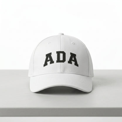 ADA Varsity Lettering Graphic Baseball Cap - Minimalist Trendy Streetwear Cap (White)
