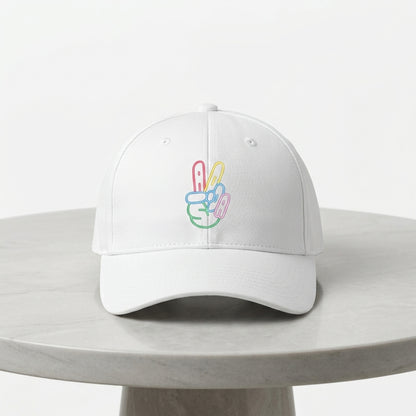 Neon Peace Hand Sign Graphic Baseball Cap - Minimalist Victory Sign Cap (Black & White)