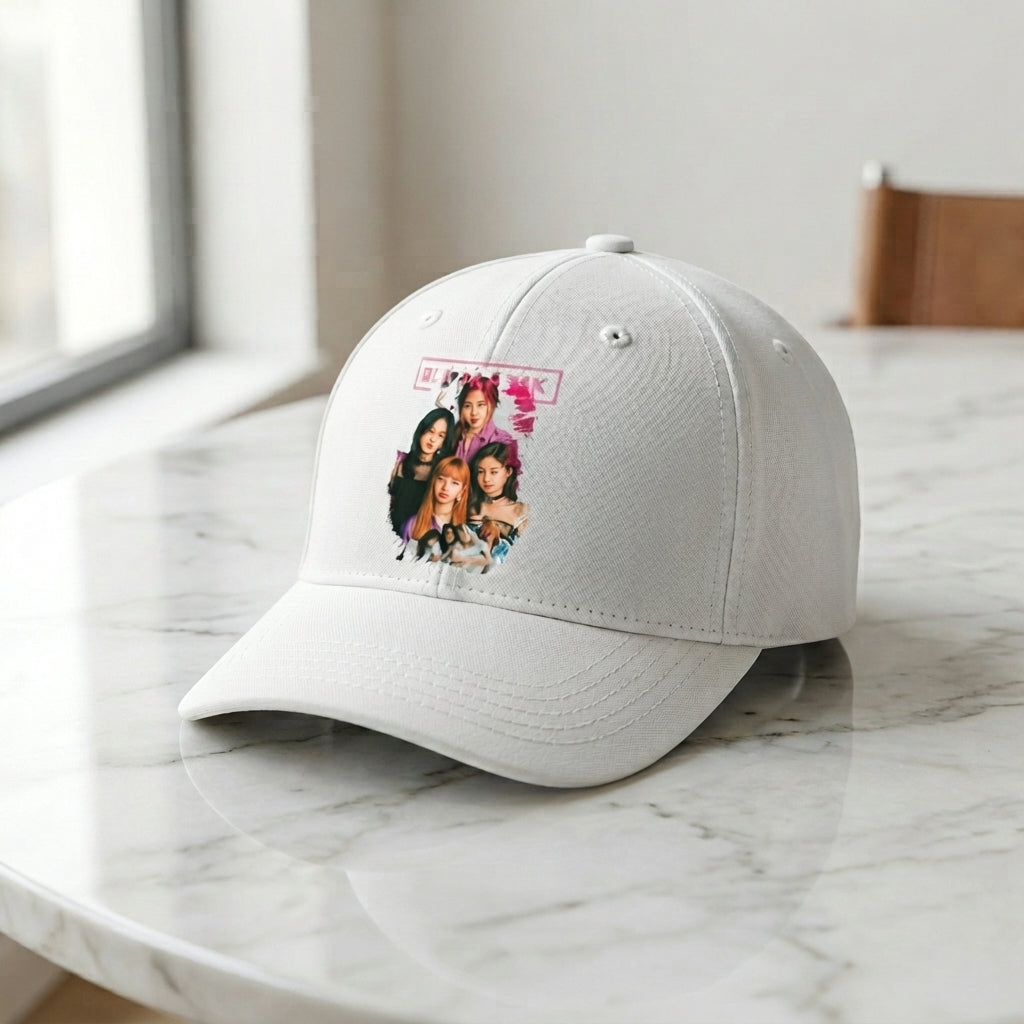 BLACKPINK K-Pop Girl Group Graphic Baseball Cap - Kpop Band Merch Cap (White)