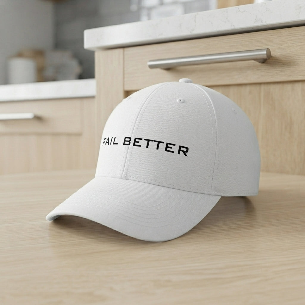 Fail Better Minimalist Typography Graphic Baseball Cap - Motivational Quote Cap (White)