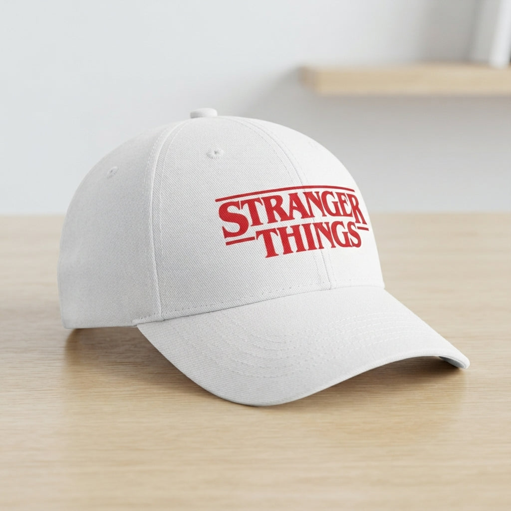 Stranger Things Red Title Logo Graphic Baseball Cap - TV Show Sci-Fi Cap (White & Black)