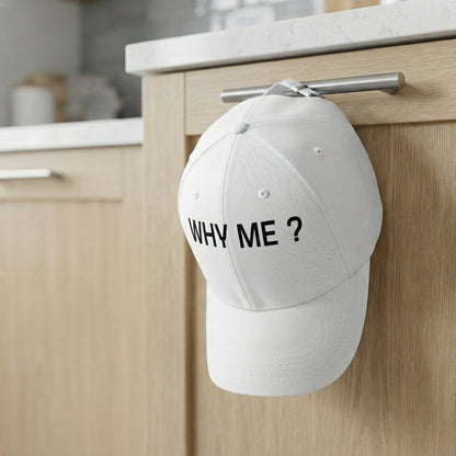 Why Me Question Mark Sarcastic Graphic Baseball Cap - Minimalist Quote Cap (White)