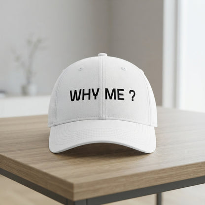 Why Me Question Mark Sarcastic Graphic Baseball Cap - Minimalist Quote Cap (White)