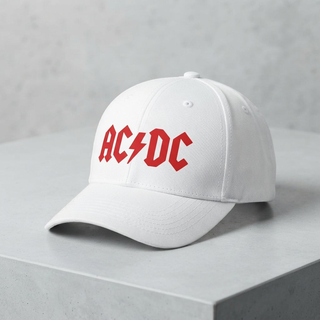 AC/DC Classic Red Logo Graphic Baseball Cap - Heavy Metal Rock Band Cap (Black & White)