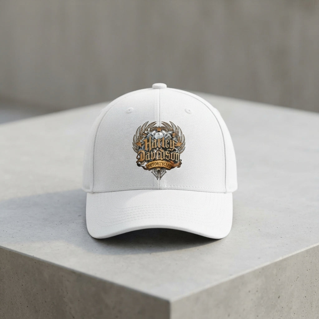 Harley Davidson Vintage Winged Emblem Graphic Baseball Cap - Biker Cap (Black & White)