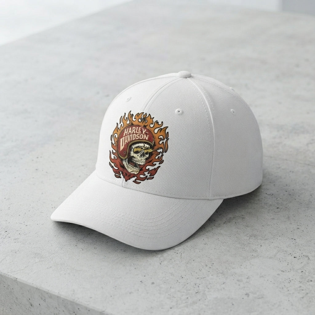 Harley Davidson Flaming Skull Helmet Graphic Baseball Cap - Biker Cap (Black & White)