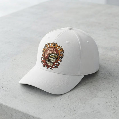 Harley Davidson Flaming Skull Helmet Graphic Baseball Cap - Biker Cap (Black & White)
