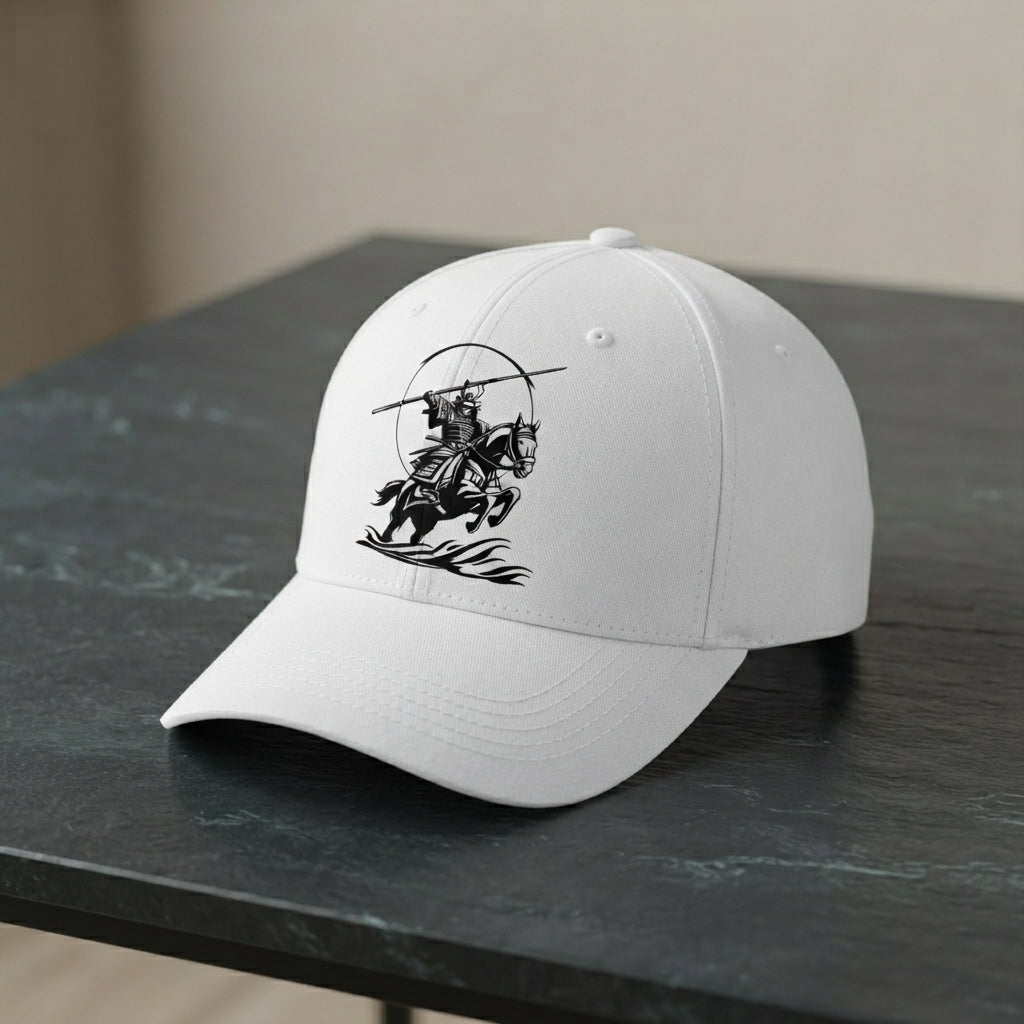 Japanese Samurai Horseback Warrior Graphic Baseball Cap - Martial Arts Culture Cap (White)