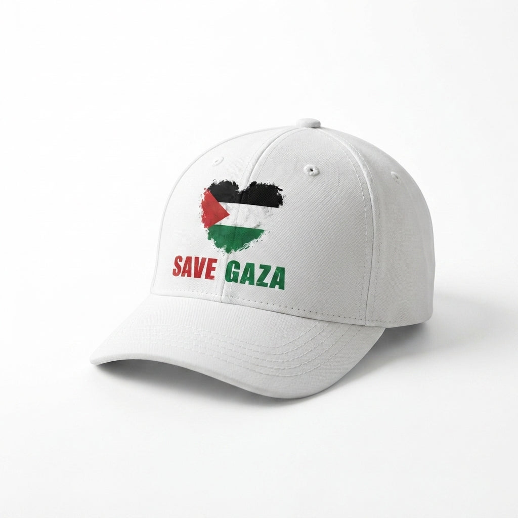 Save Gaza Palestine Flag Heart Graphic Baseball Cap - Palestinian Solidarity Cap (White)