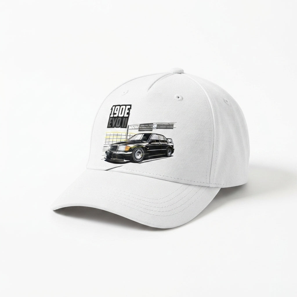 190E EVO II Classic German Sports Car Graphic Baseball Cap - Automotive Tuner Cap (White)